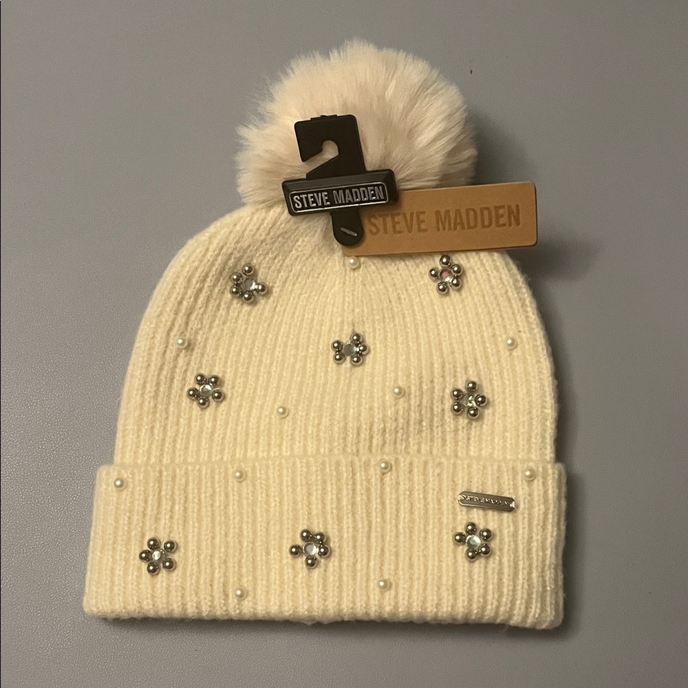 Steve Madden Ivory Woman’s Beanie with Pom Pom, faux pearls and beads.